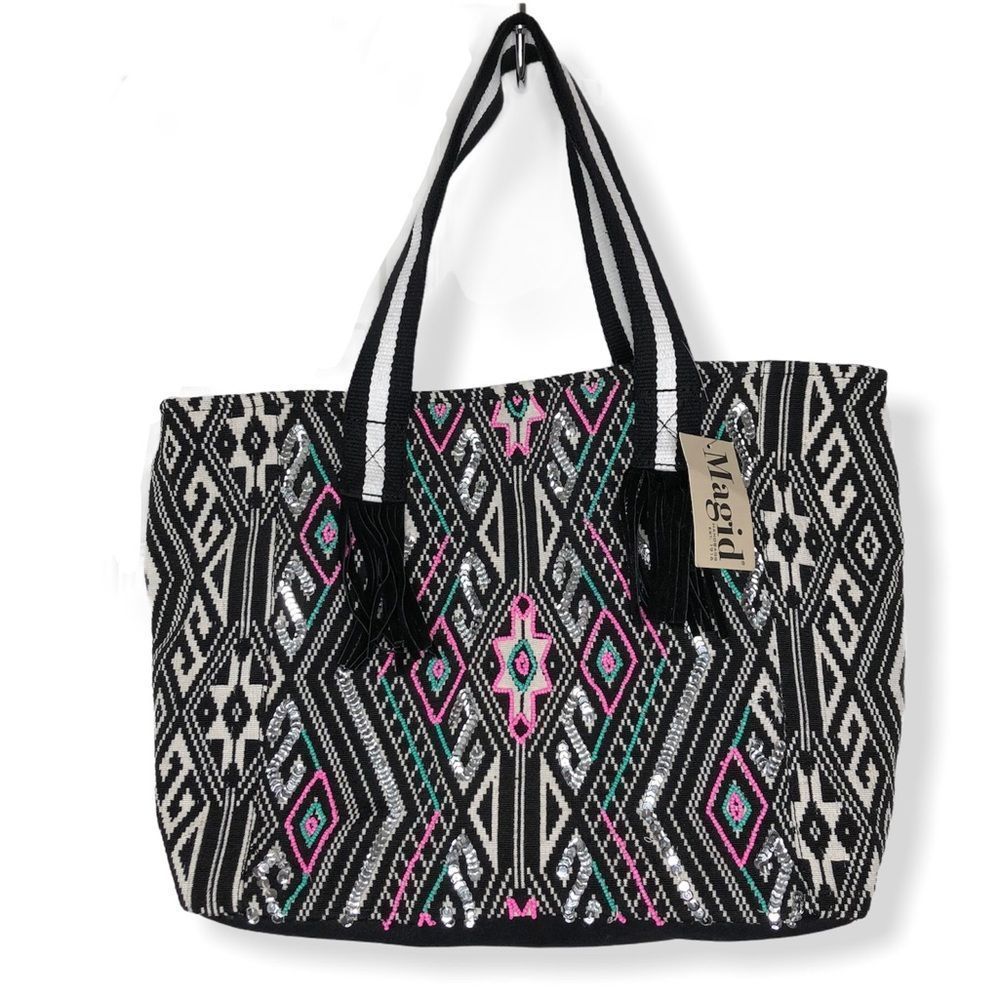 Magid Black & Purple Geometric Tribal Hobo Tote